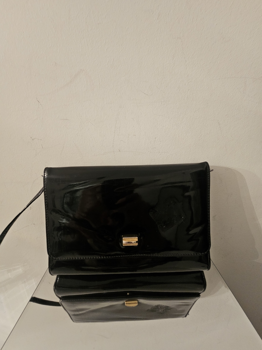 Glossy Black Patent Crossbody with Gold-Tone Accent
